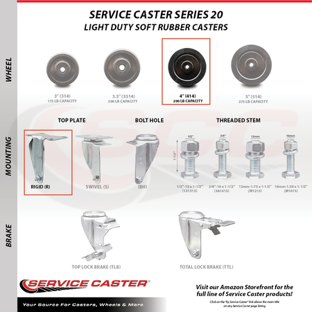 Service Caster 4 Inch SS Soft Rubber Wheel Swivel Top Plate Caster Set with 2 Rigid SCC SCC-SS20S414-SRS-2-R-2